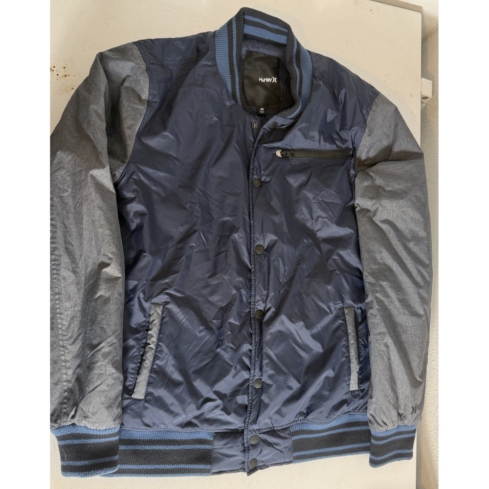 Hurley Jacket‎ Mens Medium Blue Gray Bomber Varsity Ripstop Snap Front Athletic